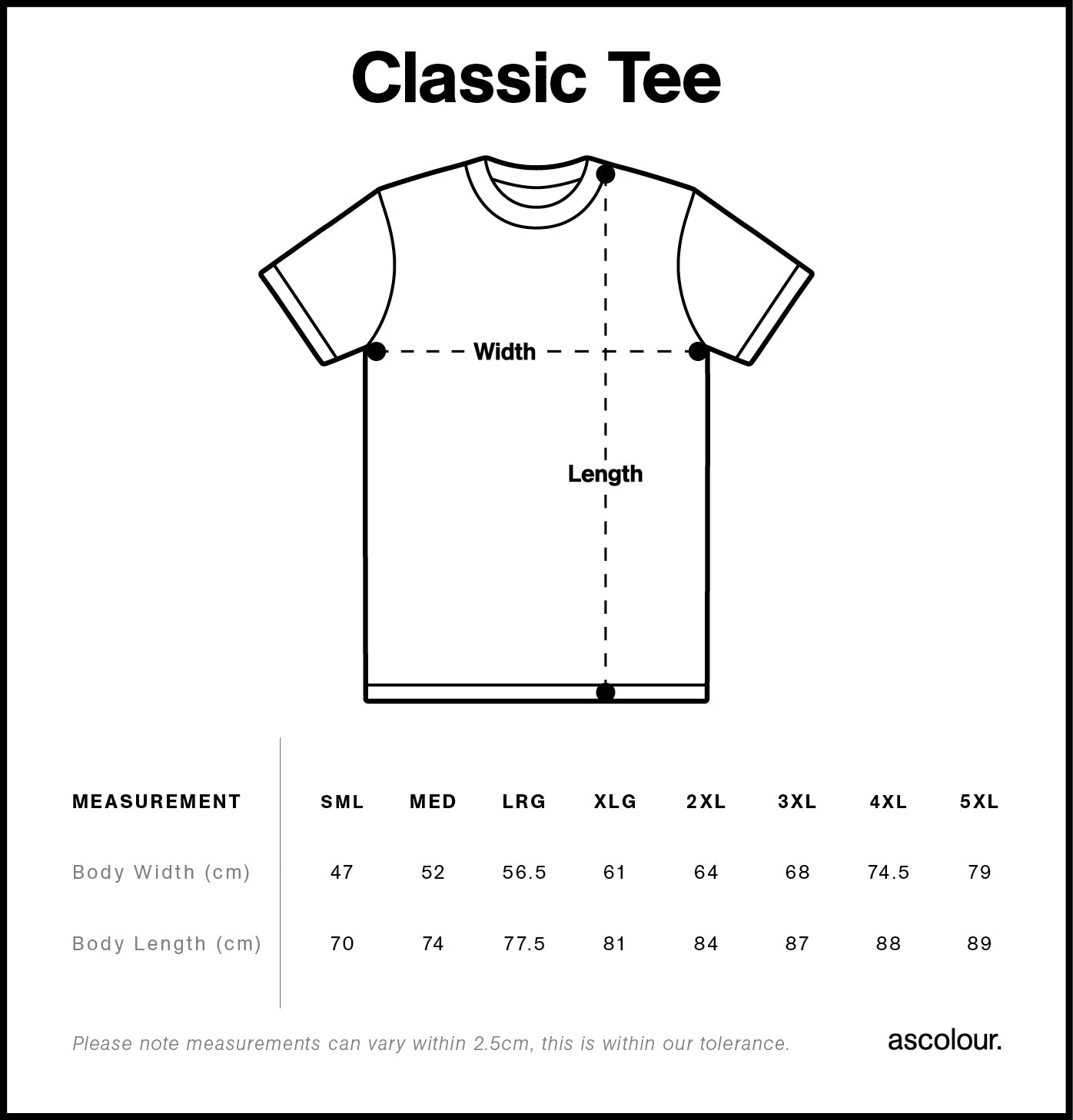 Measurement chart for a classic t-shirt with dimensions and size guide.