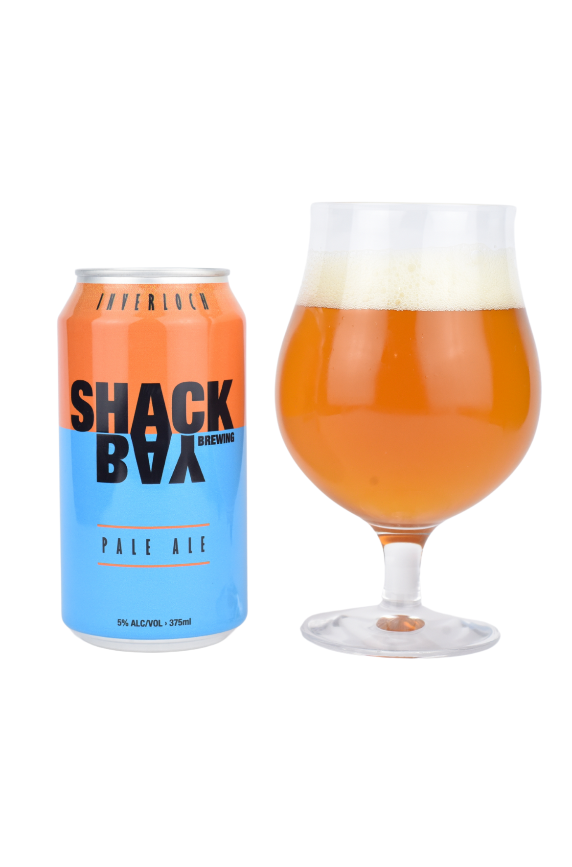 Shack Bay Pale Ale can and glass with beer on a white background