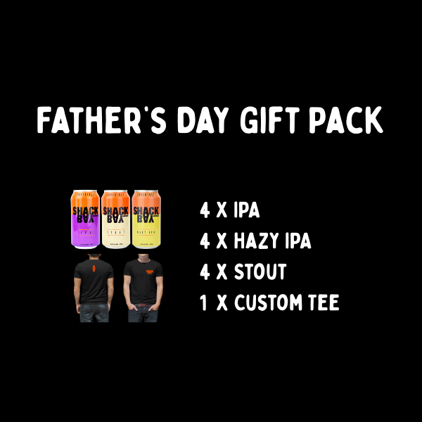 Father's Day gift pack with beer cans and a custom tee on a black background