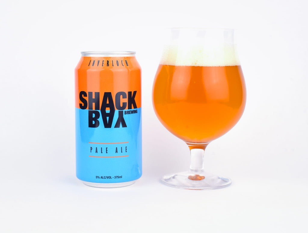 Shack Bay Brewing IPA can and full glass of beer, tropical and citrus craft IPA brewed in Inverloch on the Bass Coast