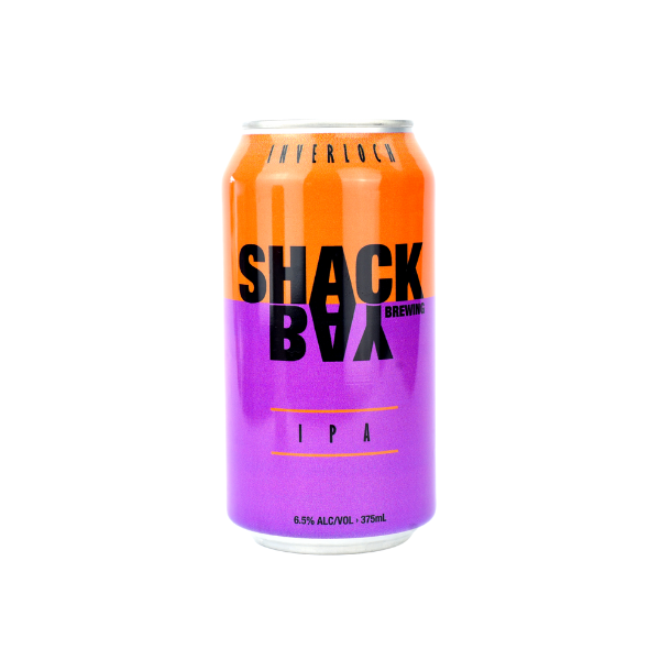 Shack Bay IPA beer can with orange and purple design branding on a white background