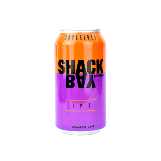 Shack Bay IPA beer can with orange and purple design branding on a white background