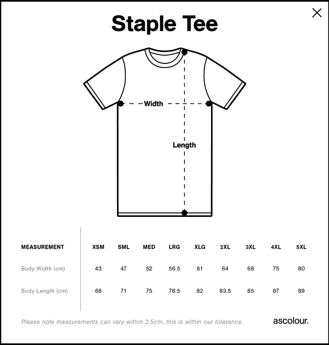 Measurement chart for a t-shirt with dimensions and size guide.