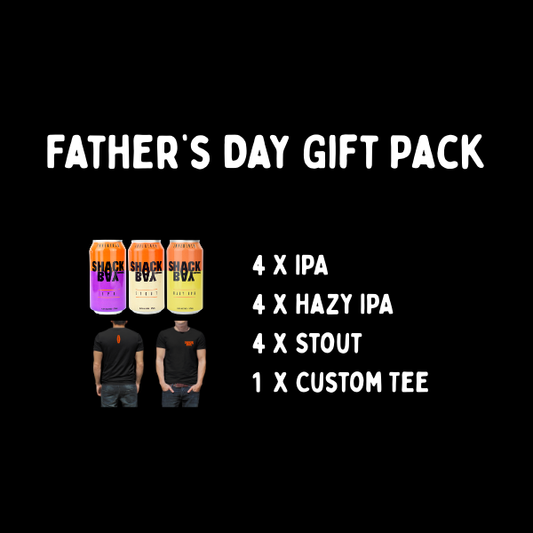 Father's Day gift pack with beer cans and a custom tee on a black background
