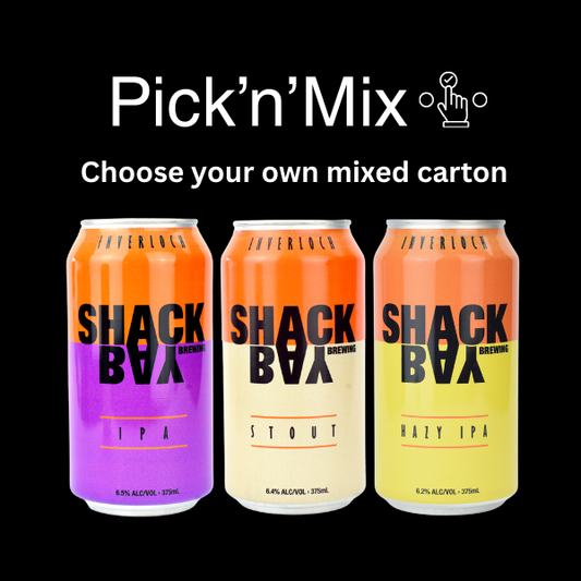Three cans of Shack Bay Brewing with 'Pick'n'Mix' text on a black background